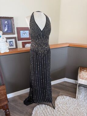 Scala Black Beaded Halter Evening Gown Gold Accents deep v neck with a train